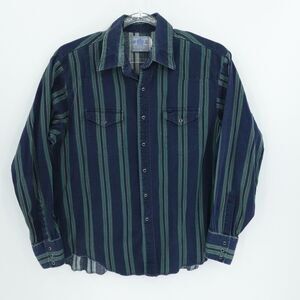 American Hero Pearl Snap Shirt Men XL Blue Green Striped Western Cowboy Workwear